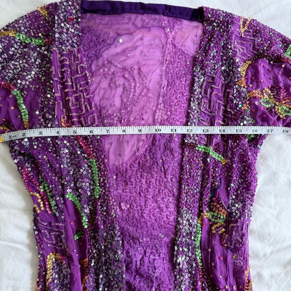 VINTAGE Hand Beaded Sequin Duster Coat Purple Sheer Maxi Evening Glam S/M - Picture 13 of 13